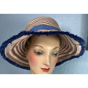 Missoni orange label Blue Beige Brown straw hat fringe trim Resort Packable